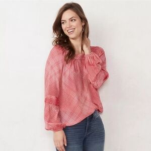 LC Lauren Conrad Pink Shirred Square Neck Balloon Sleeve Peasant Top Women Small